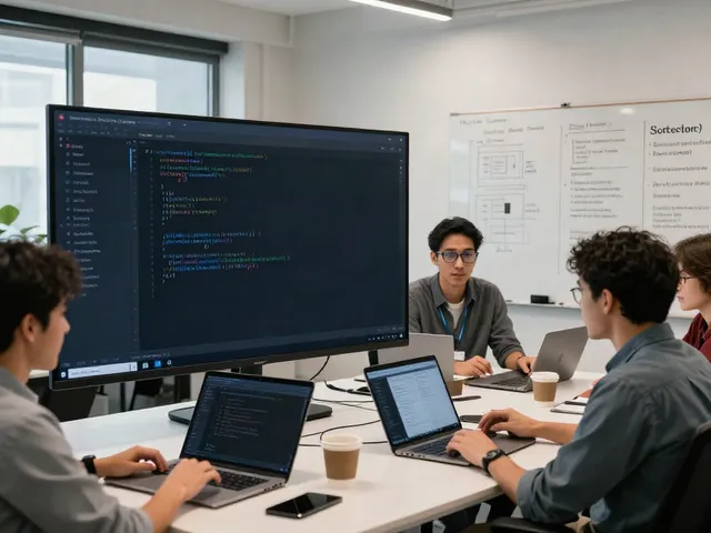 "Web application penetration test in progress with cybersecurity experts analyzing software vulnerability, showcasing modern tech solutions."