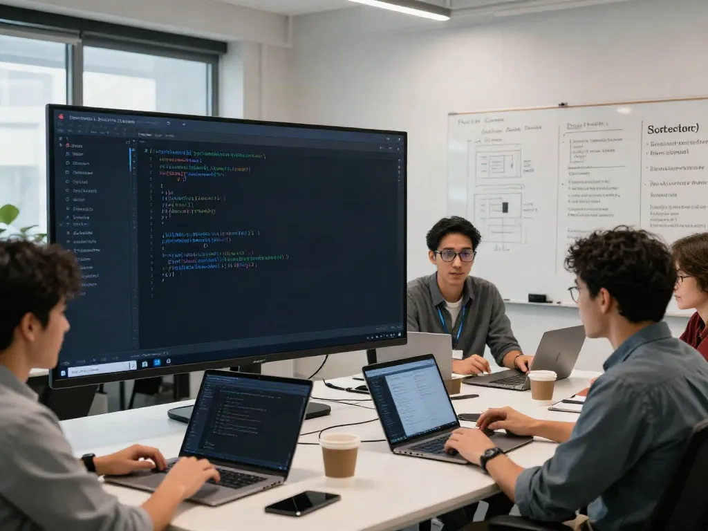 "Web application penetration test in progress with cybersecurity experts analyzing software vulnerability, showcasing modern tech solutions."