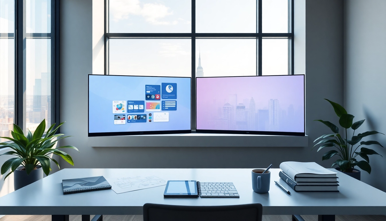 Web design and development in New York City workspace featuring modern digital tools and skyline view.