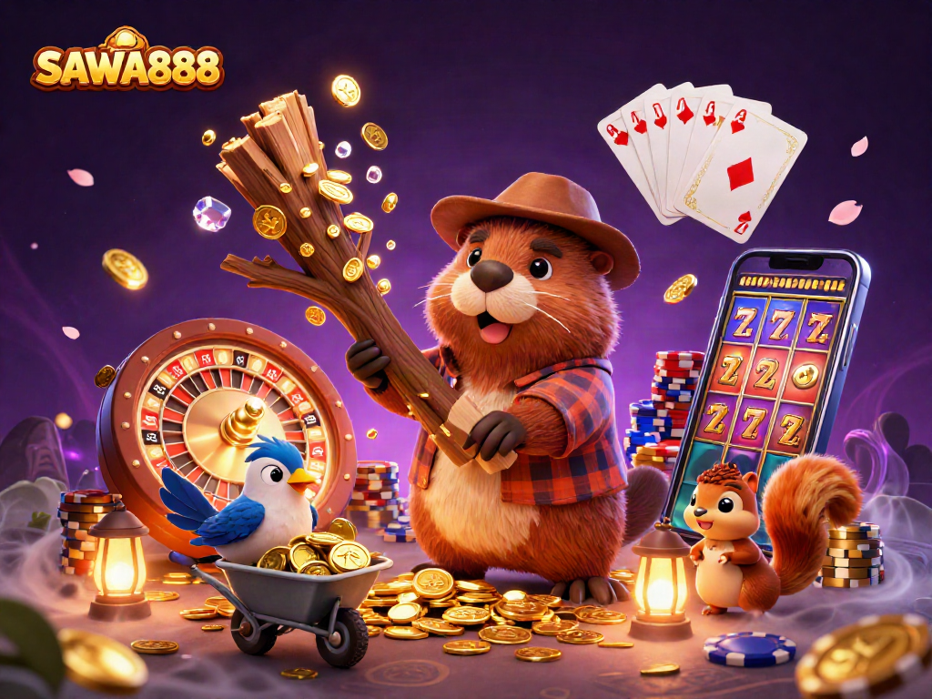 SAWA888 celebrates wins while a beaver chops tree raining gold coins in an enchanting casino scene.