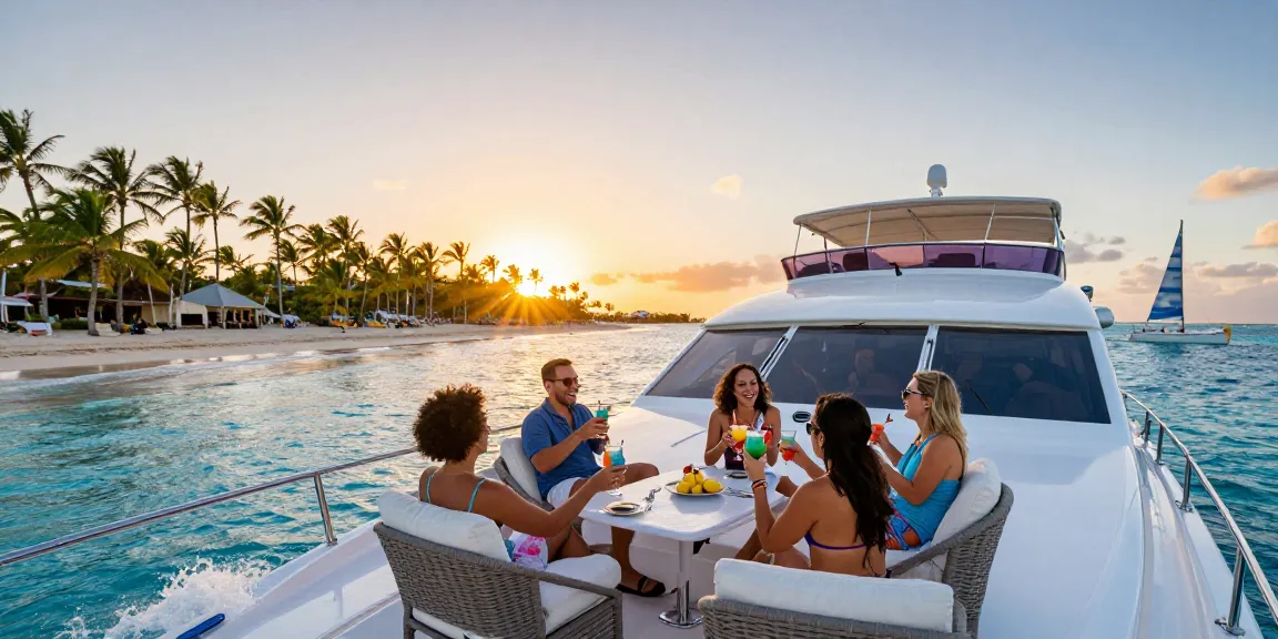 Punta Cana yacht rental experience on a luxurious yacht during sunset with friends enjoying cocktails.