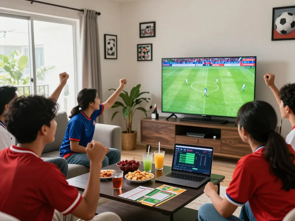 Excited group watching football match while placing Judi Bola bets at home.