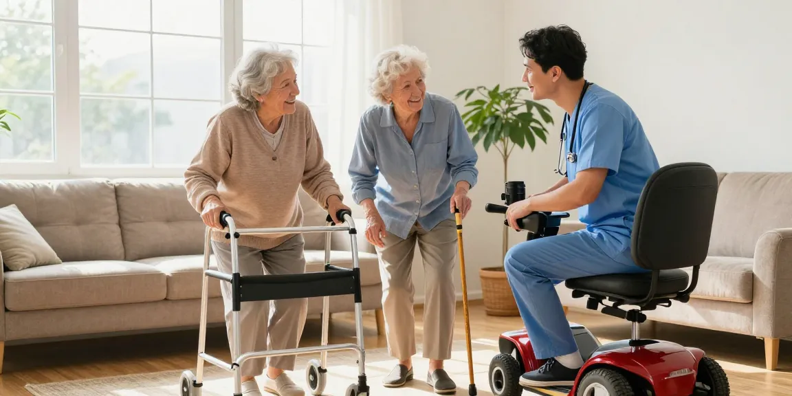 Buy nobility aids for improved mobility, showcasing elderly couple with mobility equipment in a sunny room.