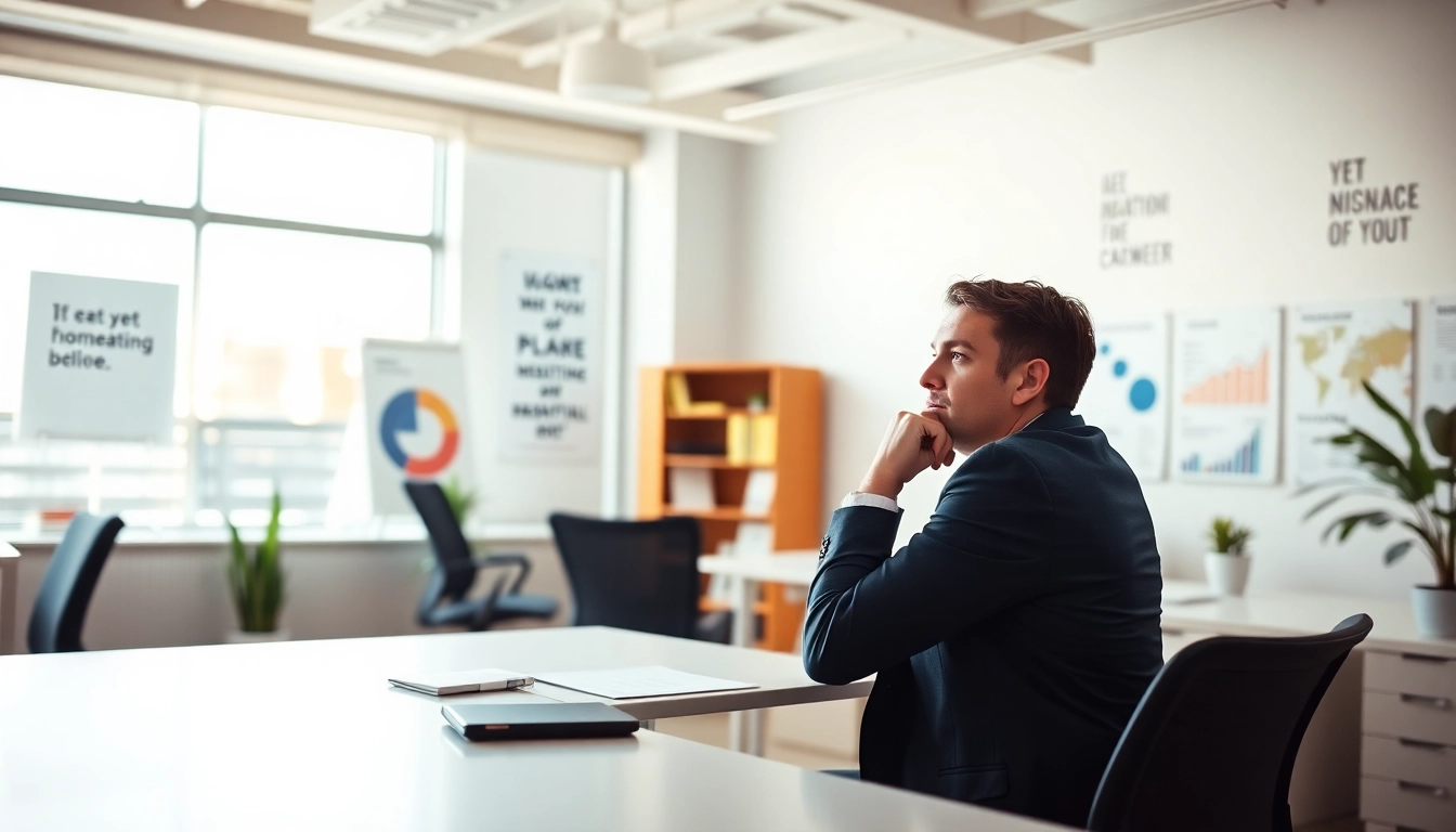 Person reflecting on their ideal career in a bright office setting.