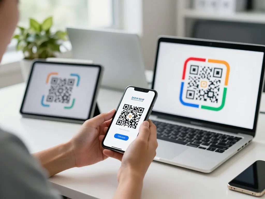 Person using a qr scanner on smartphone in a modern office surrounded by devices.