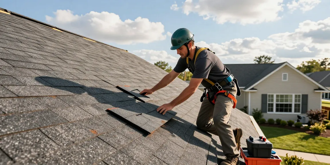 Skilled roofer working on home roofing installation at https://avatarroofing.com/roofing/ under sunny skies.