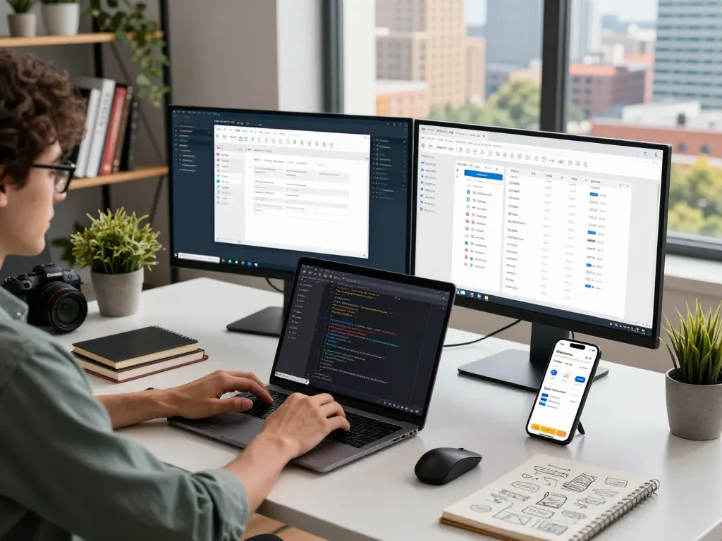 Developer coding with WPS Office on multiple screens in a modern workspace.