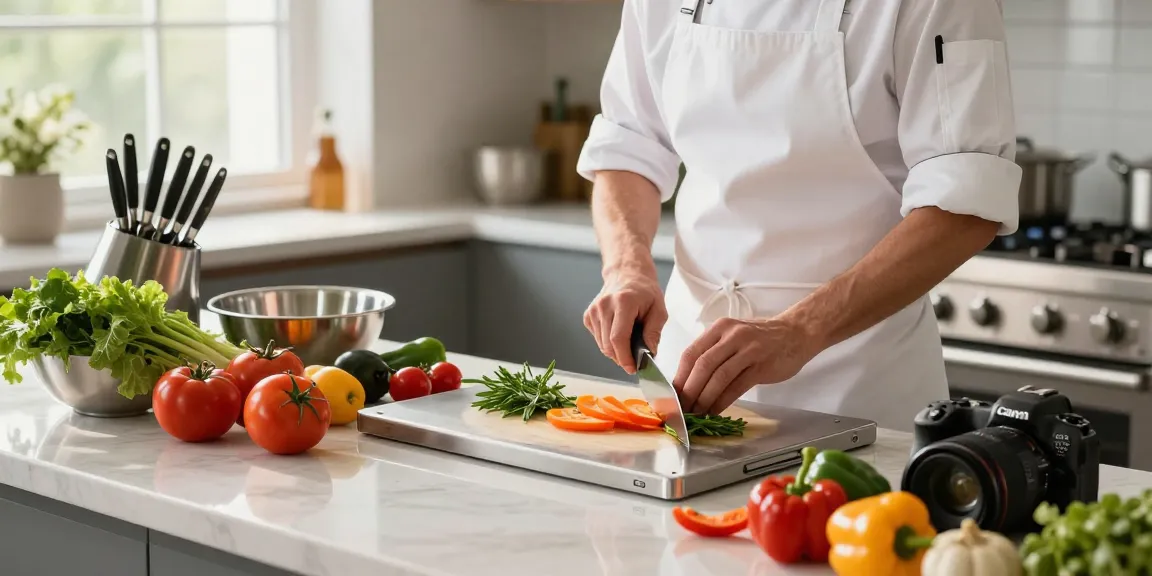 Chef using the best titanium cutting board for slicing vibrant vegetables in a modern kitchen.