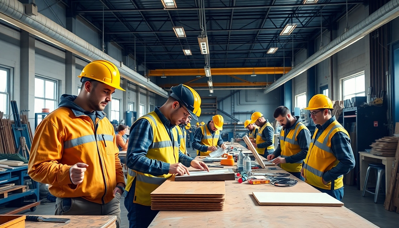 Engaged trainees in a contractor apprenticeship program showcasing hands-on skills in an energetic workshop.