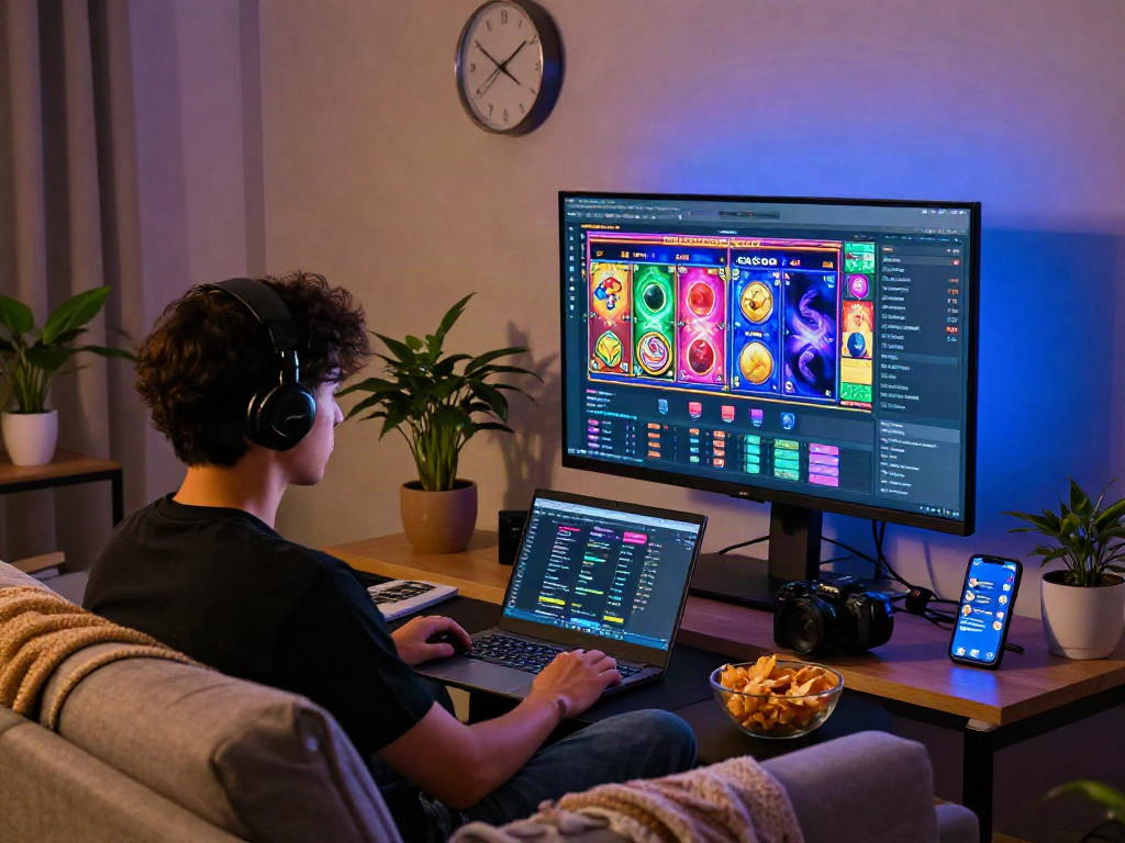 Excited player engaging with slot gacor games in a colorful gaming setup