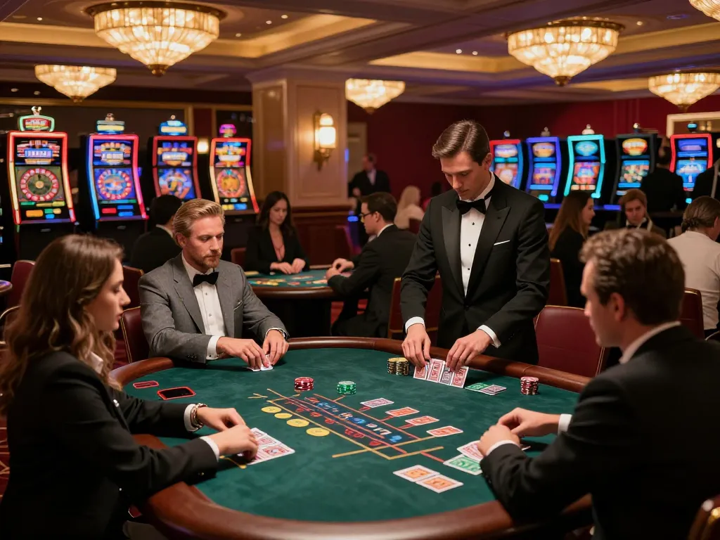 TA88 players engaging in strategic gameplay at blackjack tables in a luxurious casino atmosphere.