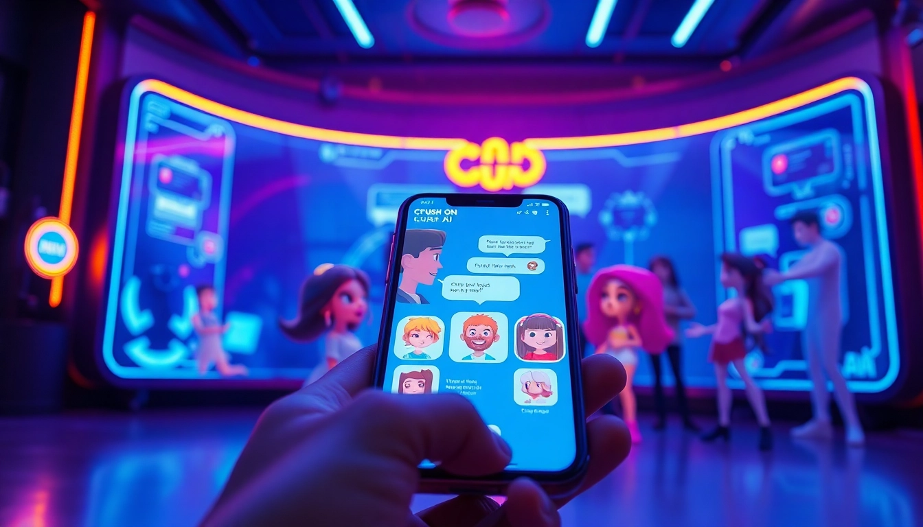 Engaging AI characters from Crush On AI in a futuristic chat interface.