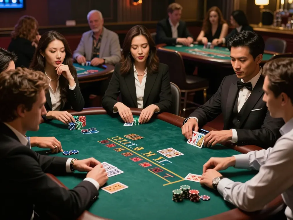 Players at a RED88 blackjack table strategizing their bets amid a stylish casino atmosphere
