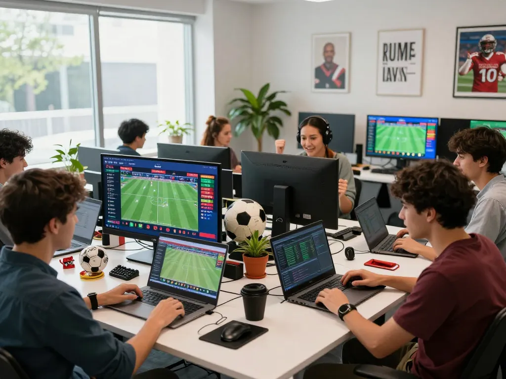 Participants engaged in online betting activities at OKFUN, showcasing live sports stats and betting excitement.