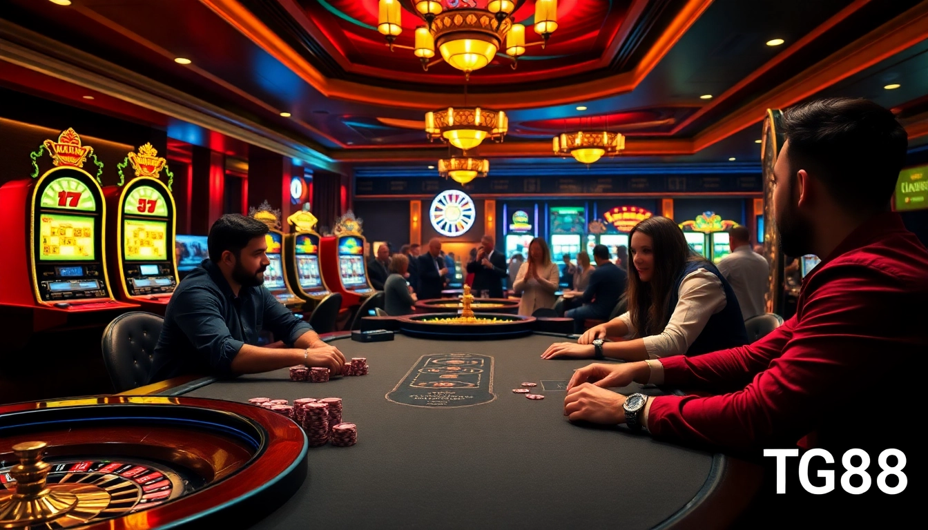 TG88 players enjoying high-stakes poker in a luxurious casino setting.