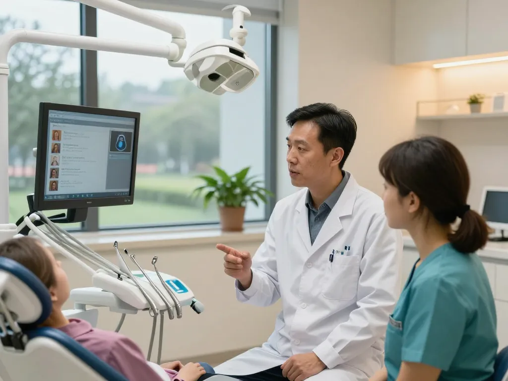 Dental reviews showcased in a modern dental clinic featuring an expert discussing advanced equipment with a dental assistant.