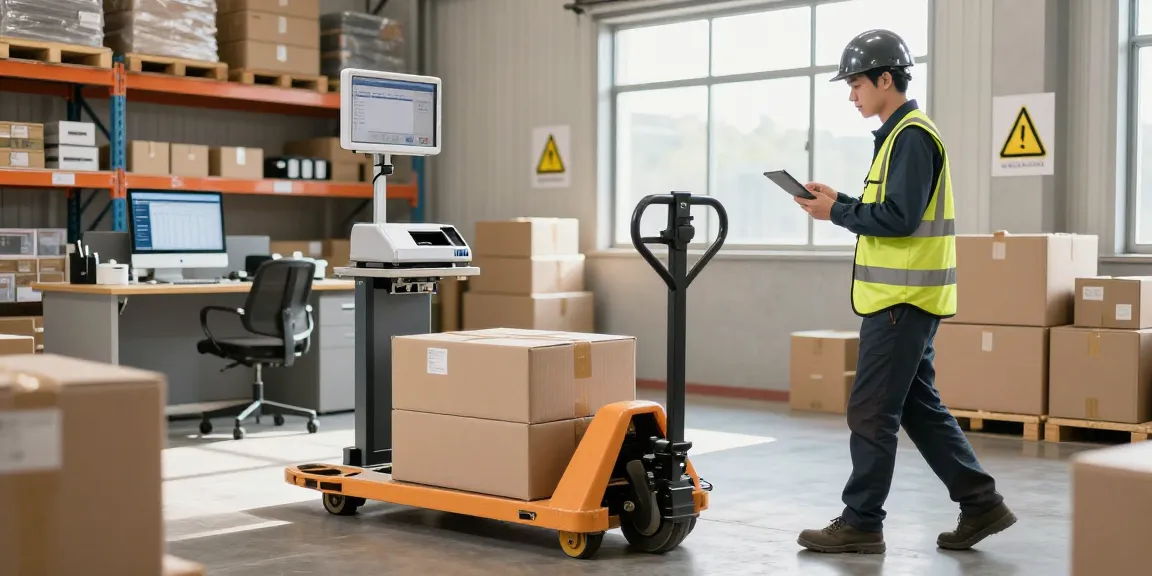 Manual pallet truck with scale and printer being used in a modern warehouse for efficient inventory management.