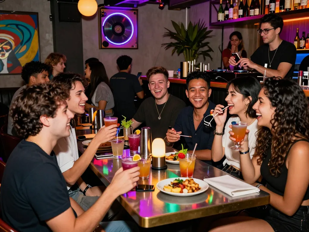 Engaging urban nightlife scene showcasing young adults enjoying cocktails in a vibrant bar, reflecting the lively atmosphere around NSFW discussions.