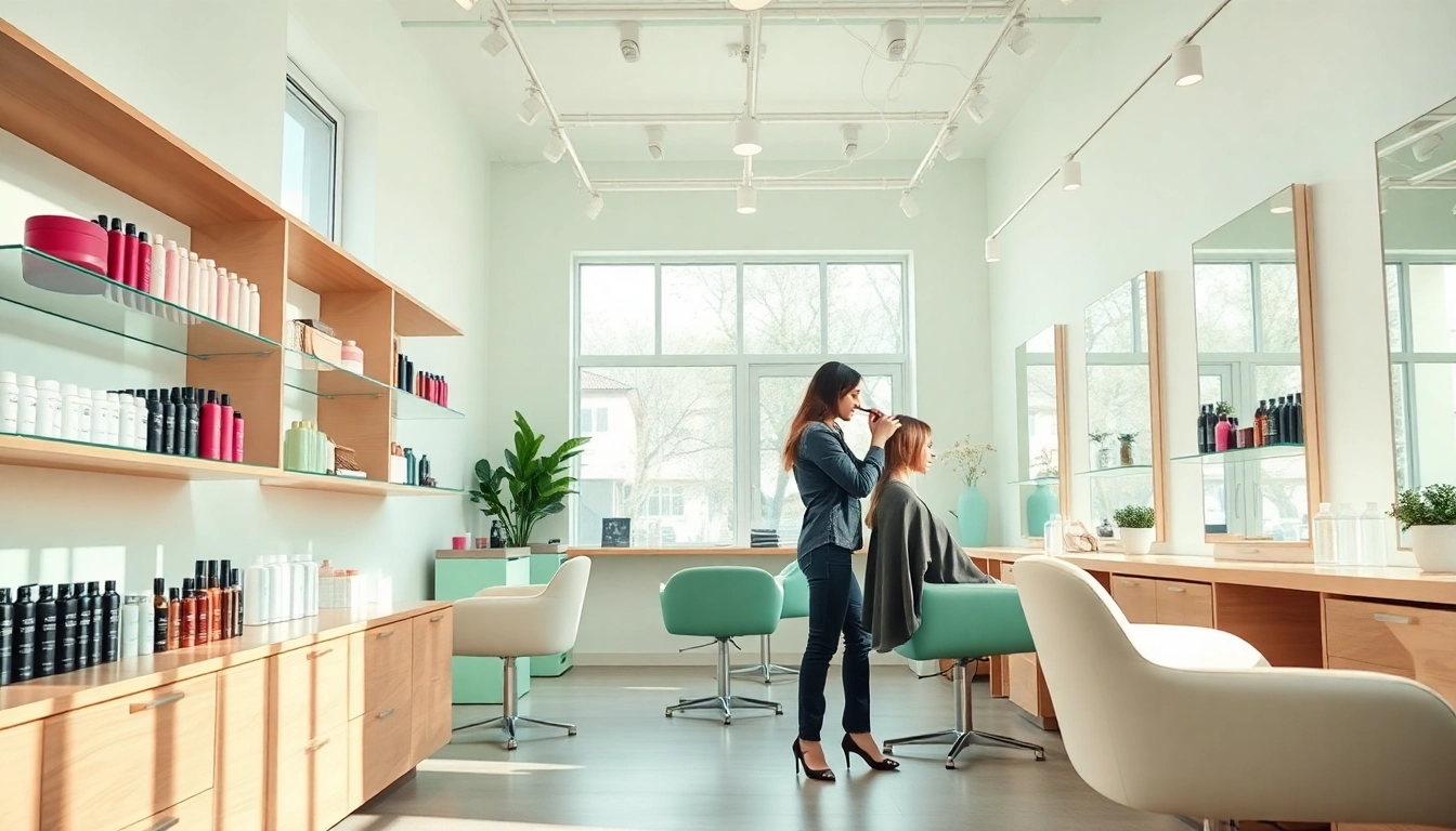 A professional frisør cutting hair in a stylish, inviting salon with modern decor.