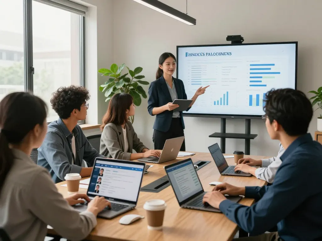 Dynamic office collaboration among recruiters at leading temporary staffing agencies, showcasing teamwork and technology.