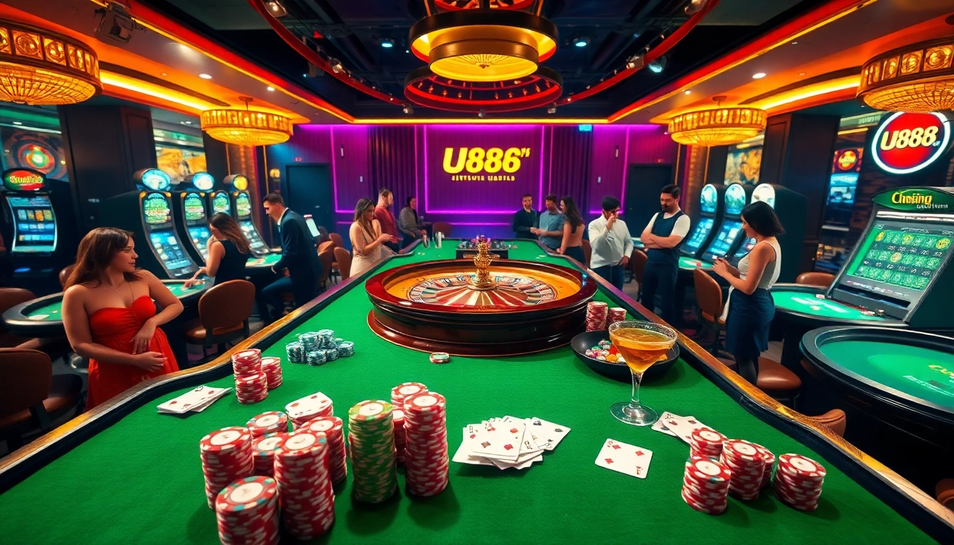 Exciting gaming scene featuring U888 link mới with poker chips, cards, and a roulette wheel in a luxurious casino.