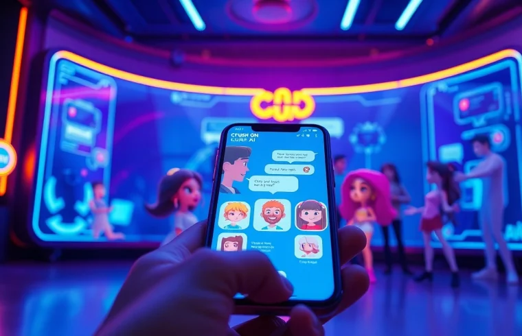 Engaging AI characters from Crush On AI in a futuristic chat interface.