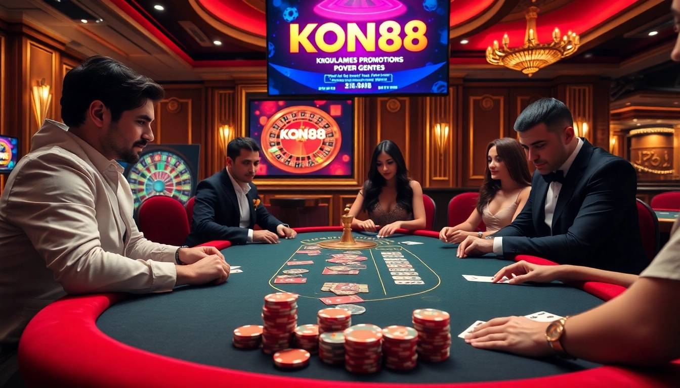 KONG88 casino gaming scene with vibrant players at a high-stakes poker table.
