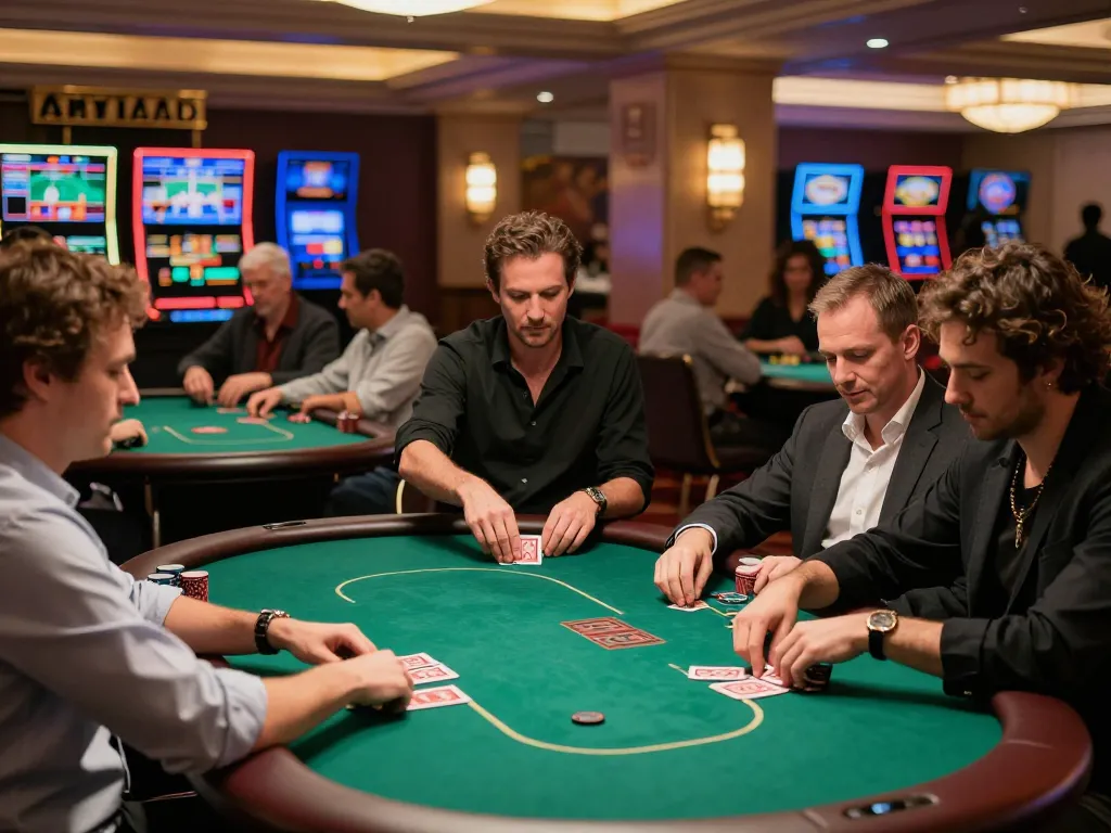 man club poker players strategizing bets at a vibrant casino floor
