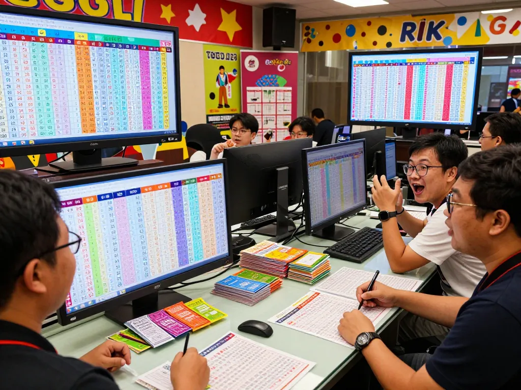 Acara HK Lotto langsung dengan penggemar yang memeriksa hasil dan tiket dalam suasana yang menggembirakan.