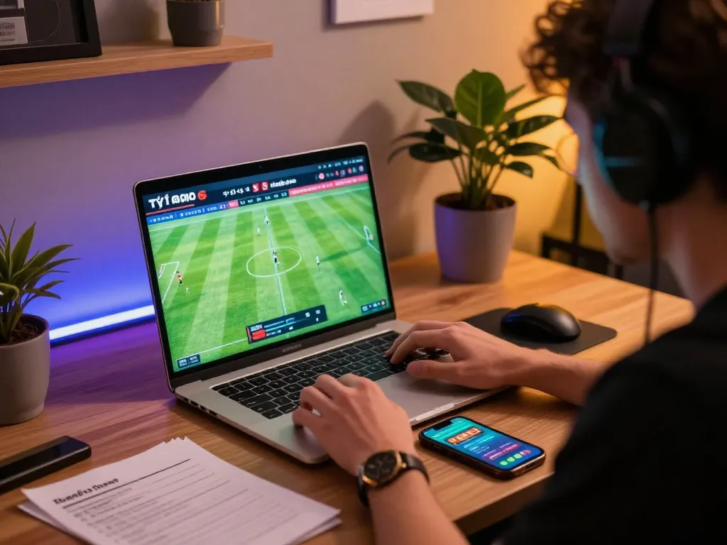Tỷ lệ kèo nhà cái 5 displayed on laptop screen as a player prepares for betting strategy.