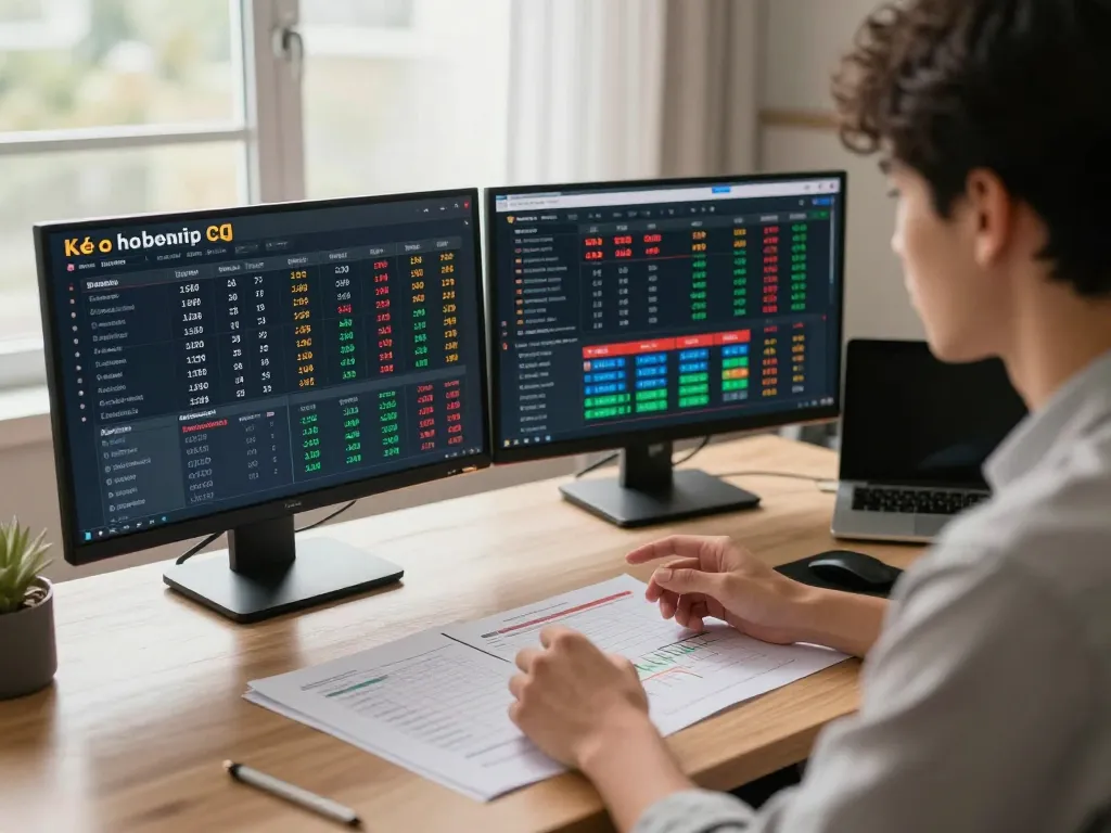 Analyzing kèo nhà cái sports betting odds on multiple screens during live game.