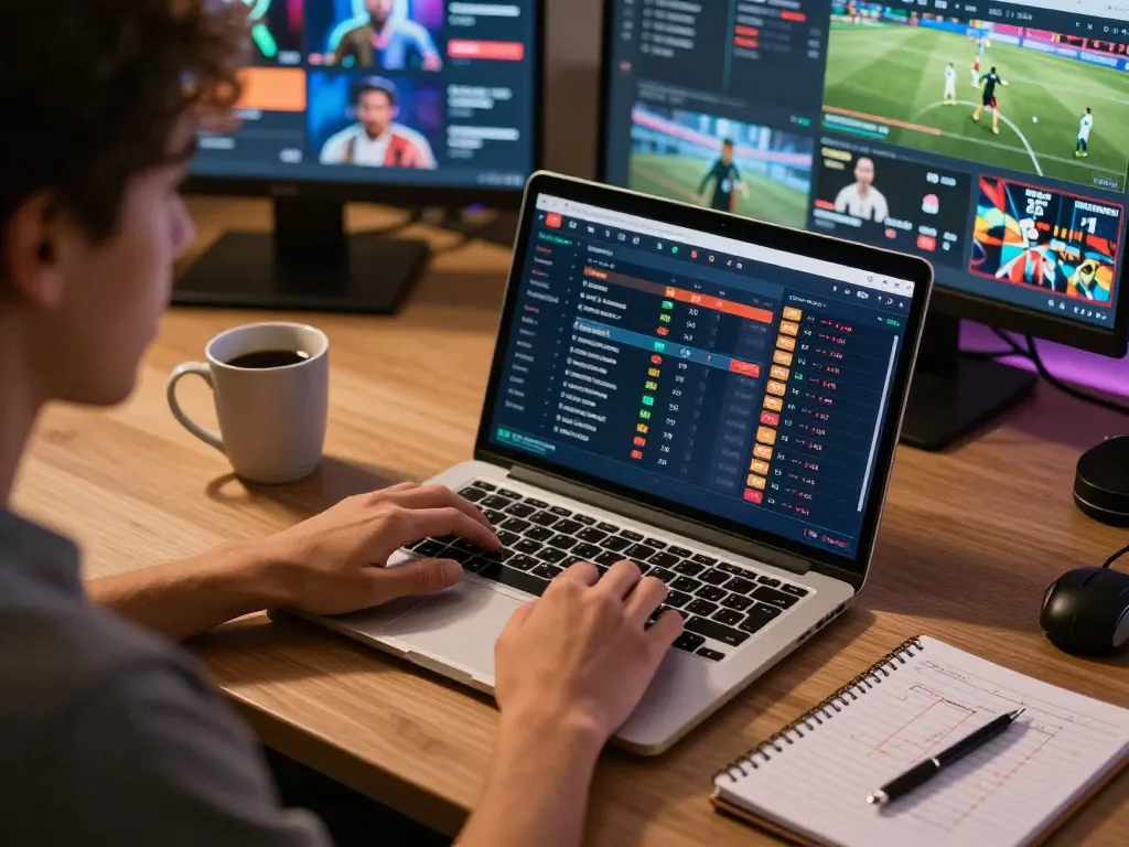 Engaged bettor analyzing sports odds at nhà cái F168, enjoying an immersive online betting experience.