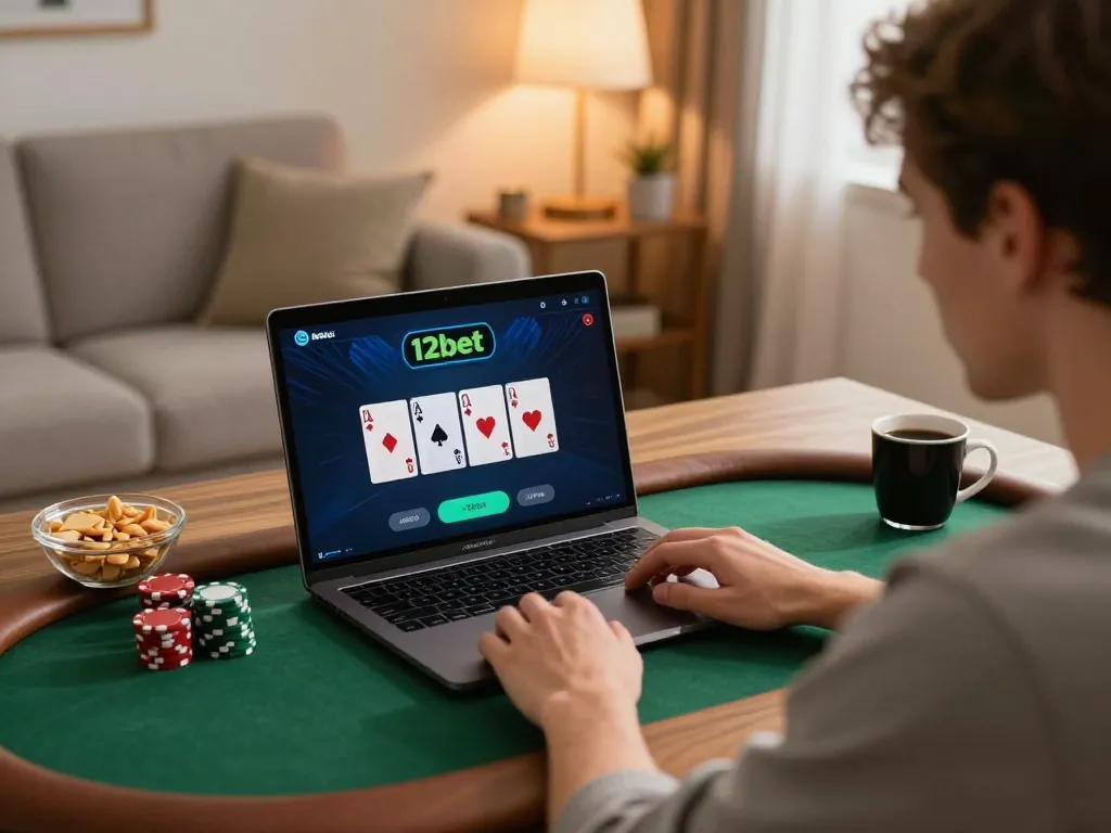 Chơi poker trên nền tảng trực tuyến 12bet trong một không gian ấm cúng tại nhà.