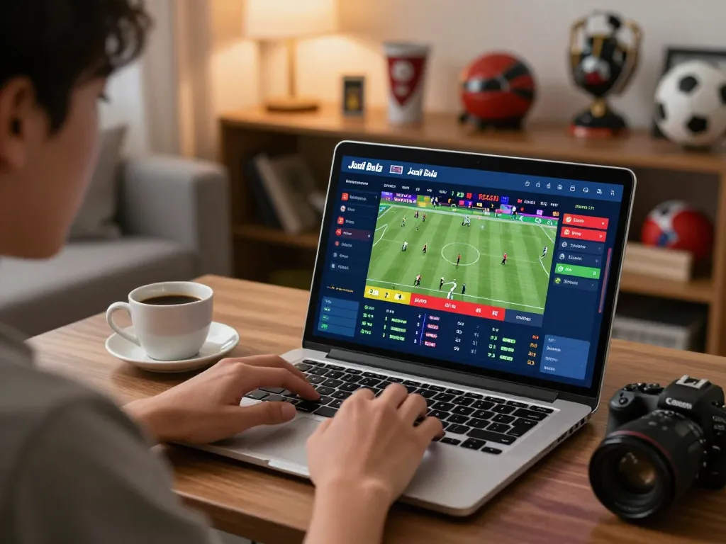 Pemandangan taruhan olahraga online yang menarik dengan odds Judi Bola live ditampilkan di laptop.