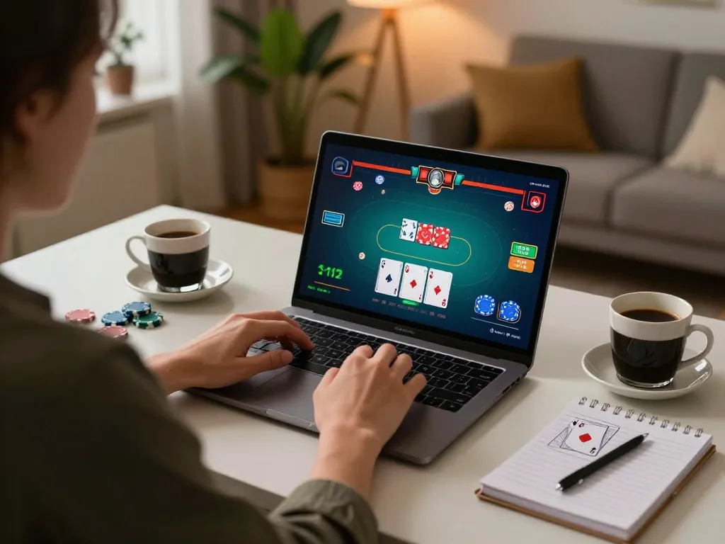 Engaging poker action on MB66 laptop, with player strategy notes and coffee.