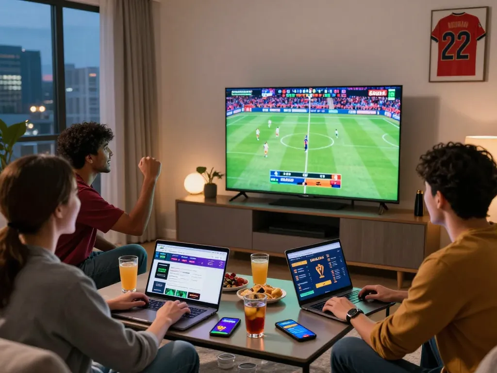 Friends enjoying SBOBET sports betting while watching a live match in a cozy living room.