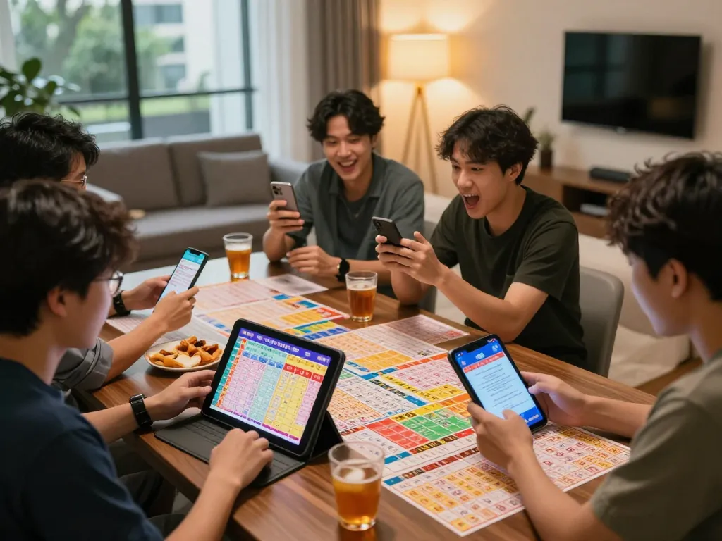 Suasana perjudian HK Lotto online yang menarik dengan pemain dan tiket lotere di ruangan yang nyaman.