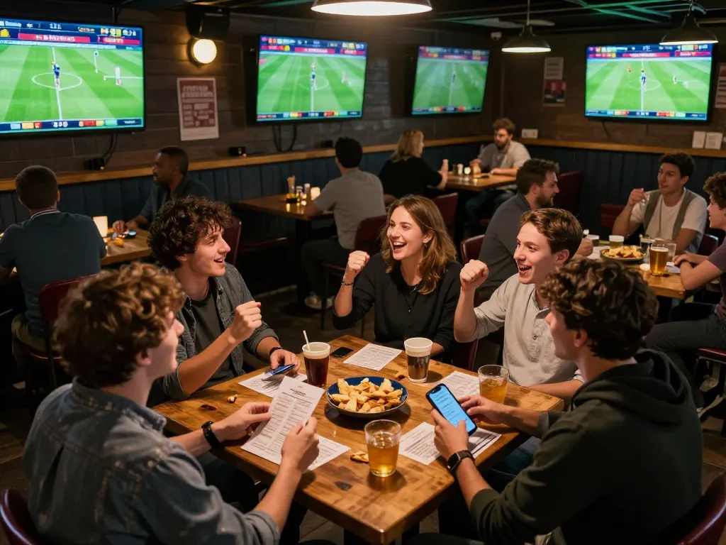 Fans engaging in sports betting surrounding screens at CAKHIATV, showcasing excitement and camaraderie.