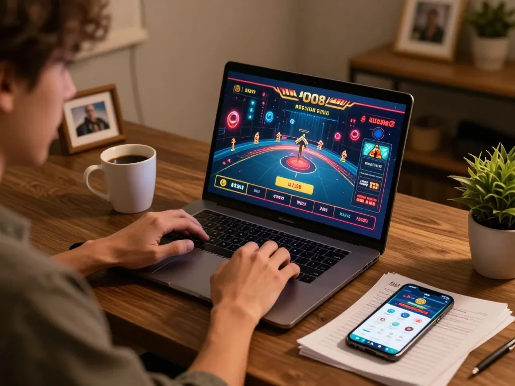 Player enjoying gaming on UU88's online platform with strategic notes nearby, warm home atmosphere.