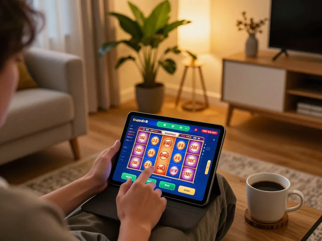 Person enjoying luck8 online casino gaming on tablet in cozy home setting