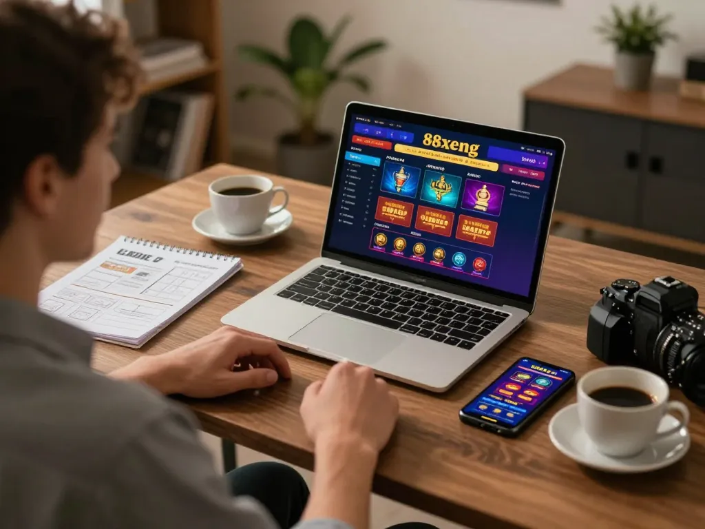Engaging player navigating the 88xeng online casino interface from a cozy workspace