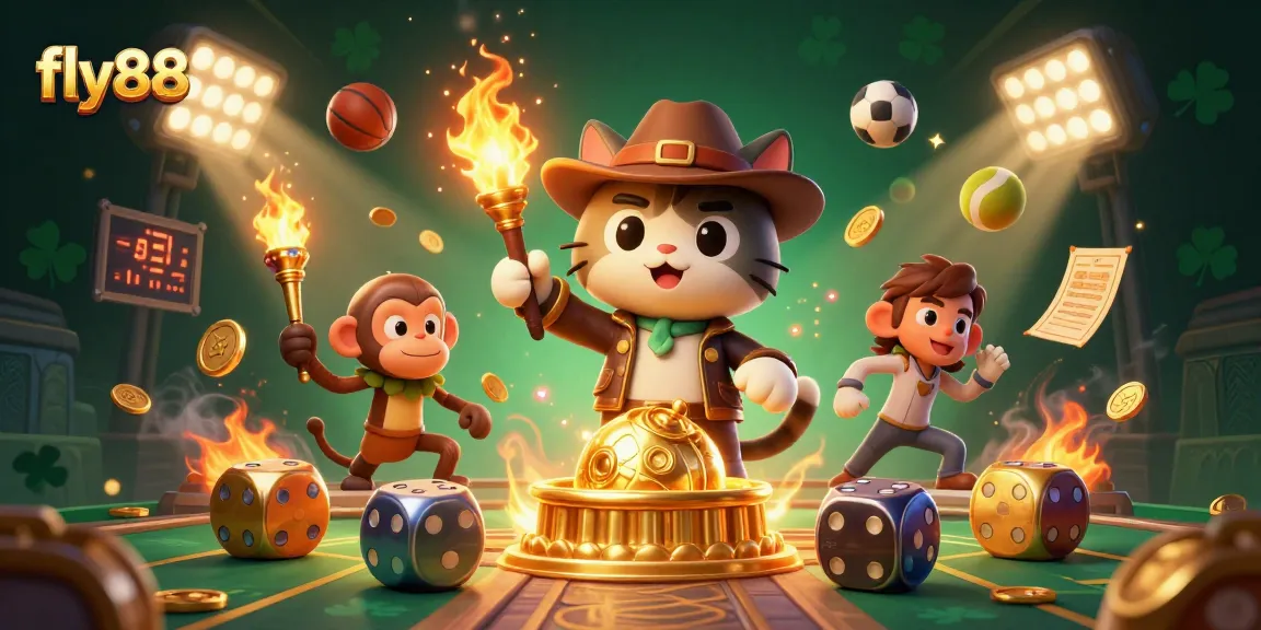 Experience the excitement of fly88 with lucky casino artifacts, golden trophies, and dynamic gaming elements.