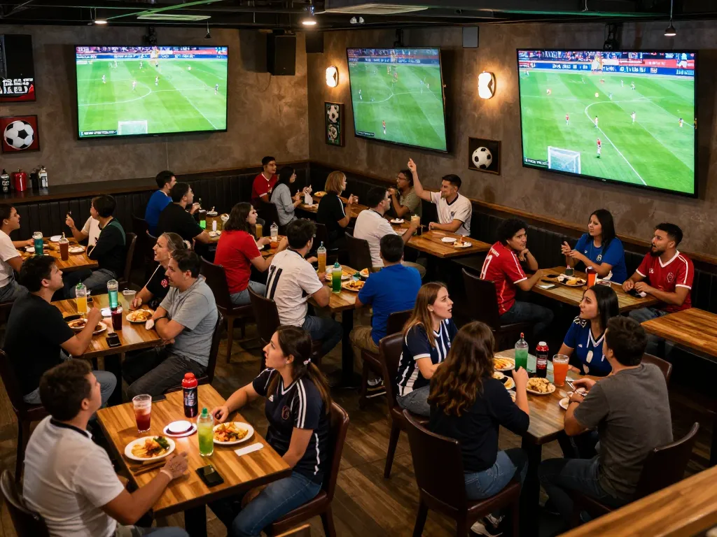 Fans enjoying bong da truc tiep while cheering for their teams in a lively sports bar atmosphere.