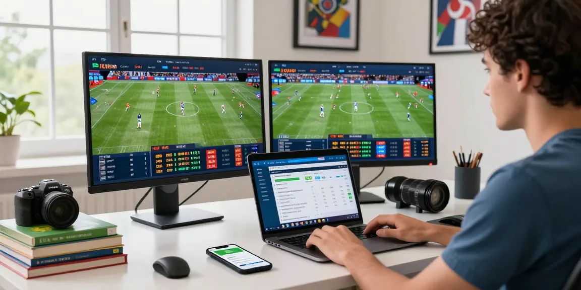 An engaged bettor analyzing multiple screens for ufabet betting odds, showcasing a modern sports betting workspace with lively atmosphere.