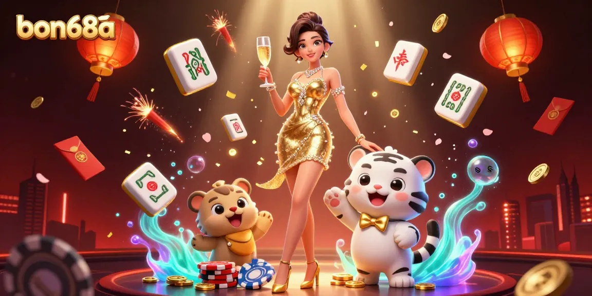 Celebrate wins at bon68a with a glamorous woman, lucky tiger cub, and casino thrills in 3D illustration.