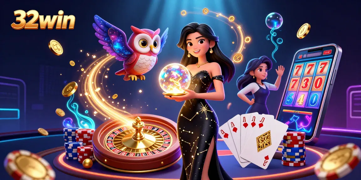 Experience gaming at 32win with a mystical woman, an owl, and vibrant casino elements.