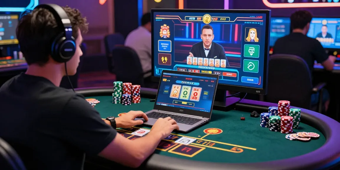 Player immersed in บาคาร่าออนไลน์ gameplay at a vibrant online casino with digital interactions and colorful chips.