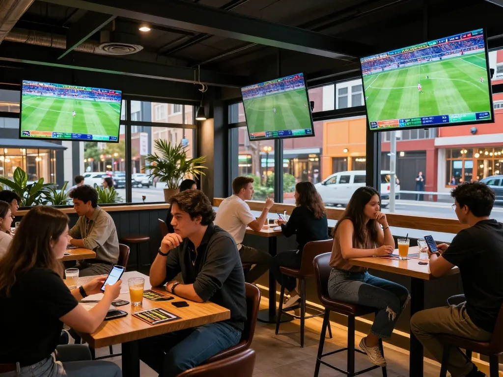Engaged sports bettors checking odds and placing bets at the lc88 club ambiance