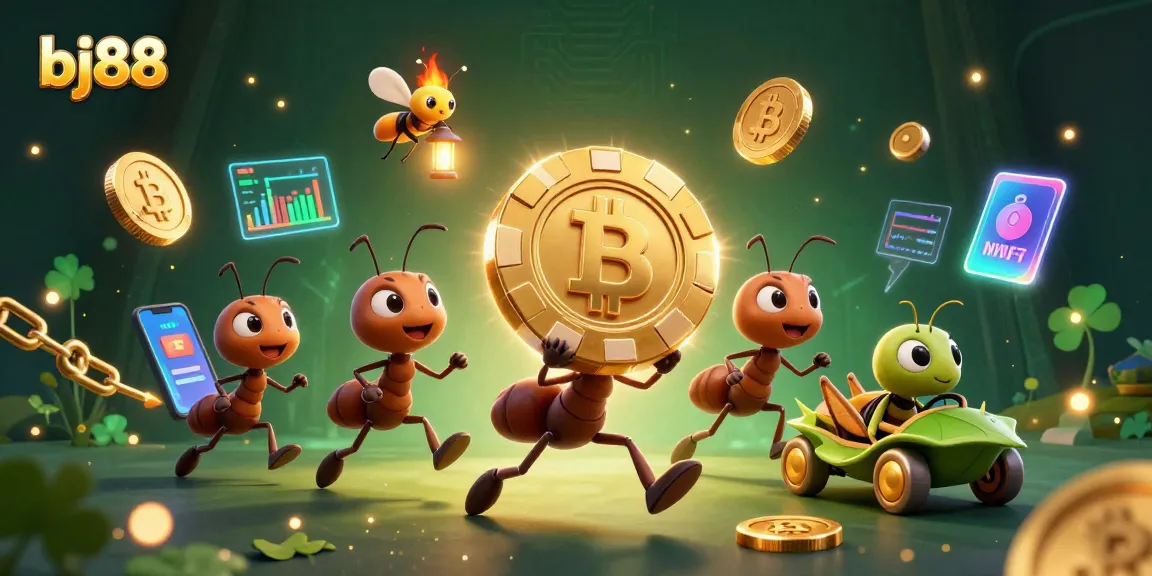 Experience thrilling gaming action with bj88 as cartoon ants steal a massive poker chip in a vibrant online casino scene.