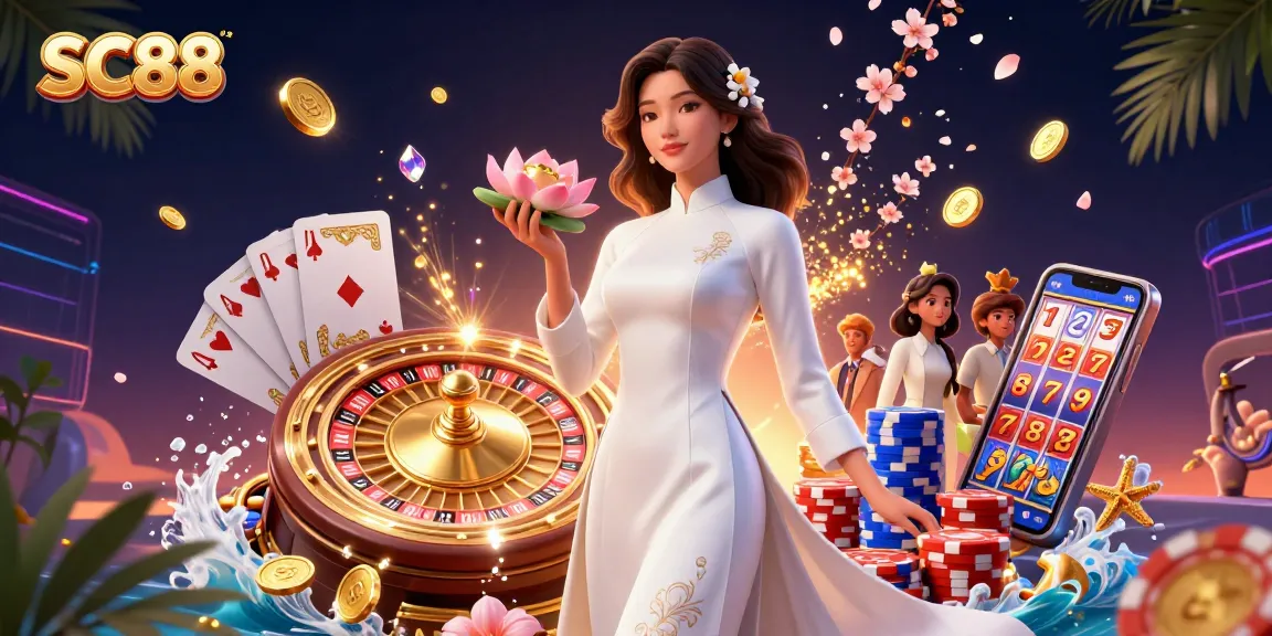 Experience winning vibes with SC88 as graceful woman unveils gaming treasures amidst cascading coins and gems.